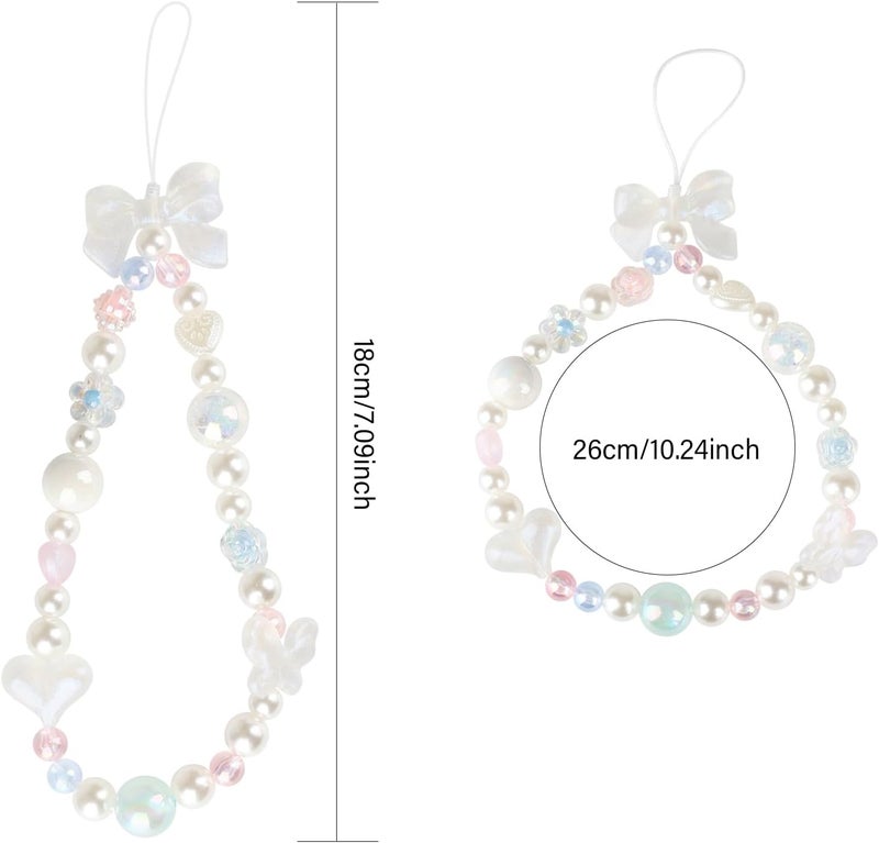 LUVI Beaded Phone Charm Lanyard Wrist Strap Love Heart Bow Beads Butterfly Chain Flower String Pearl Bling Bracelet Keychain Cute Fashion for Women - Image 3